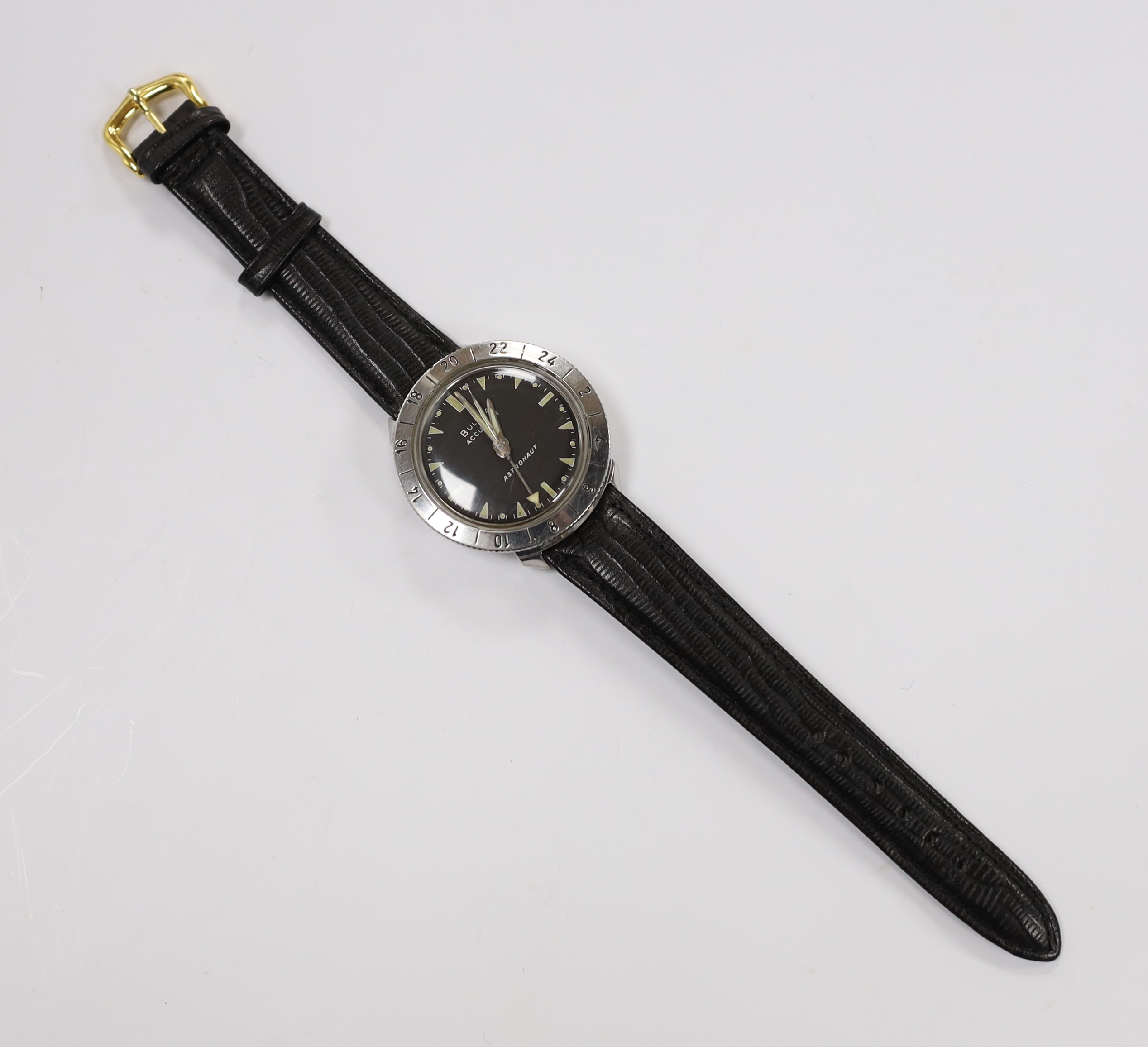A gentleman's stainless steel Bulova Accutron Astronaut wrist watch, on a leather strap, cased diameter 38mm.